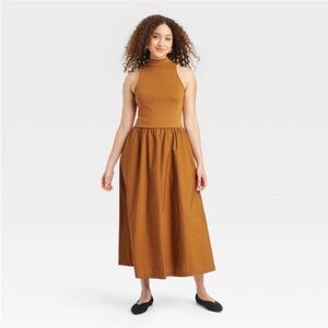 a new day Sleeveless Mock Neck Cotton A-Line Midi Dress in Caramel